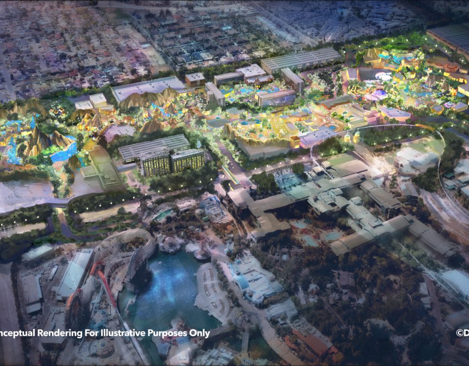 Vue aérienne conceptuelle du projet DisneylandForward au Disneyland Resort à Anaheim, montrant les futures zones immersives prévues.